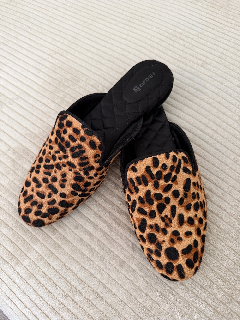 Birdies Leopard-Pattern Slip-On Mules in Tan and Black